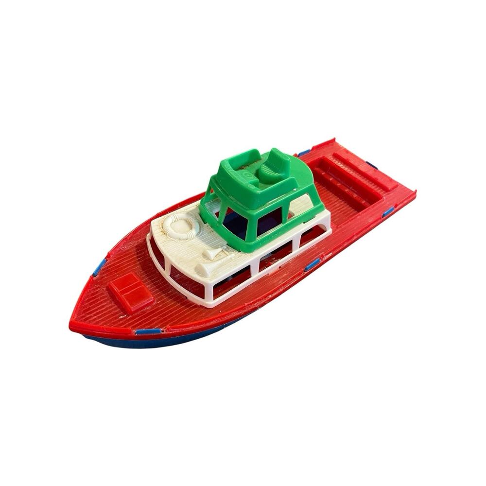 Vintage Amloid Corp Plastic Toy Boat Cabin Cruiser Yacht Blue Red White Green